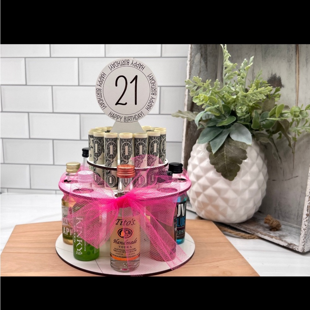 Pink and White Birthday Party Liquor DISPLAY ONLY - Does NOT include Liquor or $